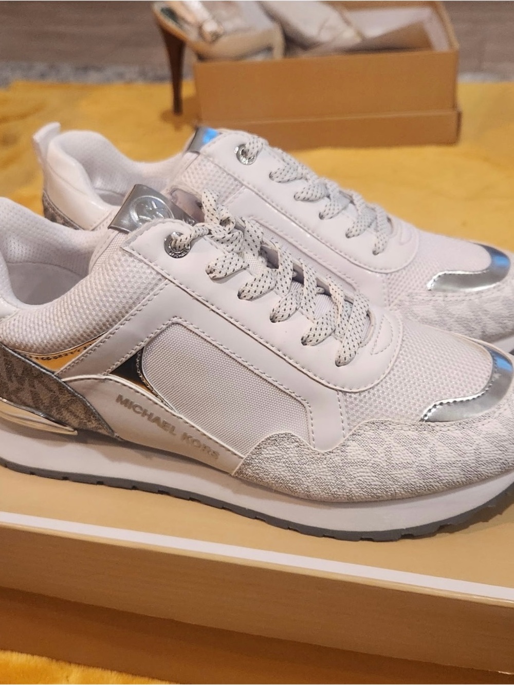 Michael Kors White & Silver Mixed-Material Sneakers